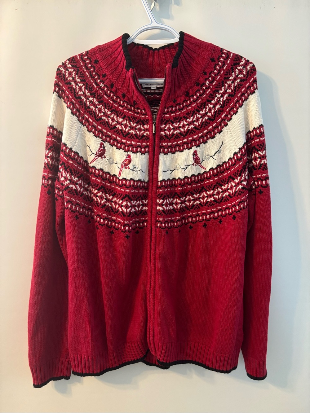 Northern Reflections Red and White Nordic Zip Cardigan with Bird Motif